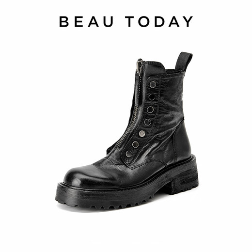 Beautoday Botas de cuero de cuero genuinas de suela gruesa Botas para mujeres Retro Style British Tube Boots Boots Gris Knight Boots Pequeñas botas elevadas para mujeres Classic Black 36