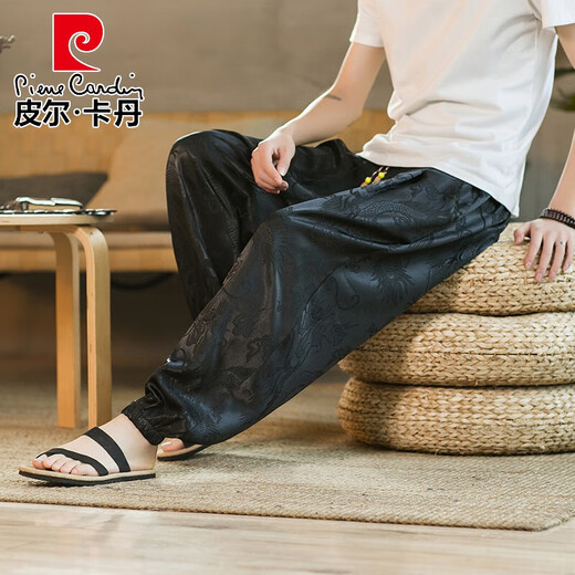 Pierre Cardin Ice Silk Casualhose Herren Sommer dünne Haremhose Chinesische Dragon Muster Print Trendy Brand Tang Anzug geschnittene Hosen Schwarz M.