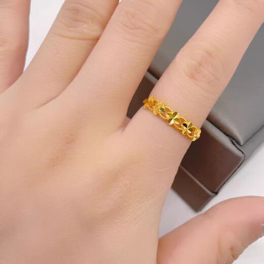 18k gold ring women's new 18K gold four-leaf clover style gold opening adjustable 3D hard gold plain gold four-leaf clover ring (adjustable)