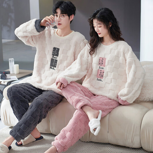 Modal Couple Pajamas Winter Autumn and Winter Coral Velvet Men's and Women's Plus Velvet Thickened Flannel Sweet Home Clothes Winter Main Picture Model ZX 7803 Apricot Bear Couple Flannel L Male + Female M