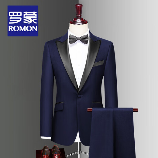 ROMON high-end customized groom's suit men's three-piece Korean version slim wedding small suit men's tuxedo dress black lapel collar = single suit + shirt 52/2XL size
