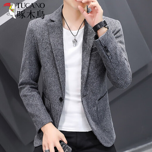 啄木鸟（TUCANO）春秋灯芯绒小西装男韩版潮流修身西服外套男士单西帅气休闲上衣服 卡其色 L （105-120斤）