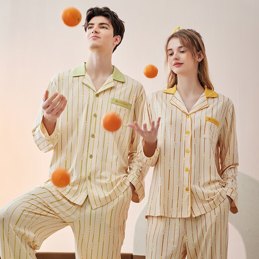 Fenton Couple Pajamas Fan Chengcheng's Same Style Star's Same Style Spring 5A Antibacterial Lapel Comfortable Style Homewear Cover Bean Green - Men's L