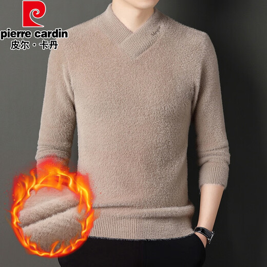 Pierre cardin winter thickened imitation mink sweater new style youth men pullover fashionable warm embroidered cross-collar sweater black 4XL 190