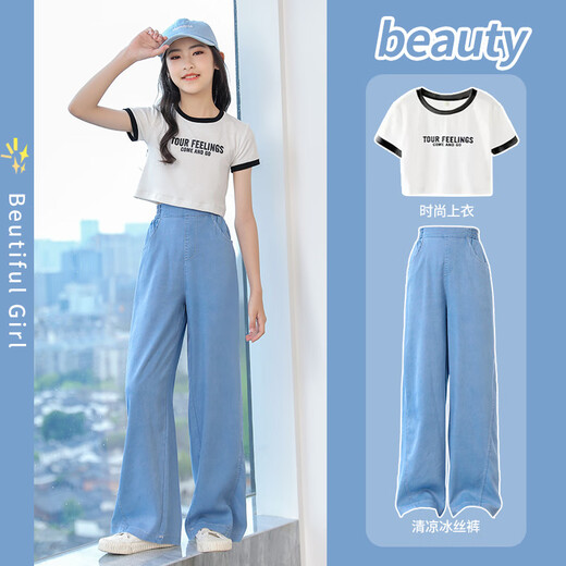 Nickybaby Girls 'Fashion Suit Fashionable Summer 2025 New Children's Big Children's Short-Ley-Ley-Legal Pants Traje de verano para niñas explotó 9889 White + 15030 Azul [Set] 120 cm
