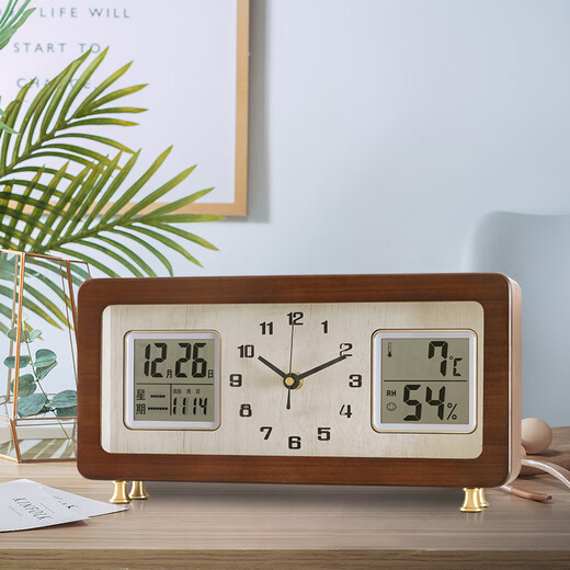 Combas solid wood desktop clock living room temperature and humidity perpetual calendar table clock brass leg clock 280 (32.5*17cm)