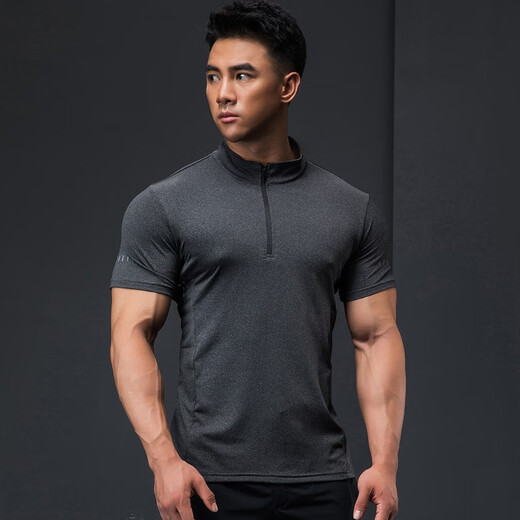 Lutie Dog Fitness Wear Short Sleeve Men's Stand Collar POLO Slim Fit Muscle Showing Quick Drying Breathable High Elasticity Coaching Wear T-Shirt Black XXL