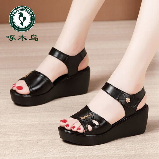 Holzspecker Echtes Leder mit weicher Locked Heeled Mutter Sandalen für Frauen im Sommer Neue wasserdichte Plattform Dick-Soled Anti-Rutsch mit mittlerem Haufen Fischsandalen mit mittlerem Haufen schwarze 38 38