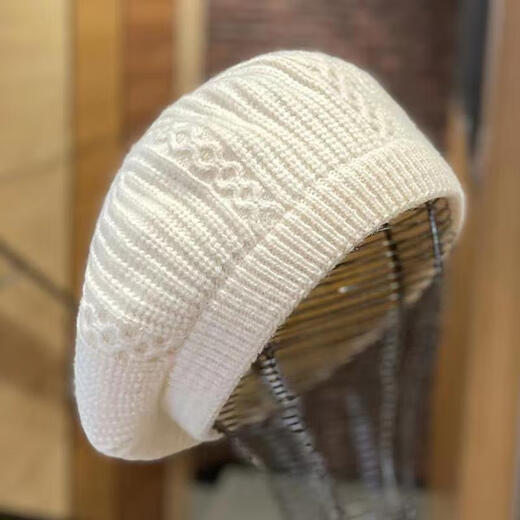 Bijinger beret autumn and winter new Japanese knitted women's spring and autumn casual Korean style Western-style octagonal hat retro milky white-wool beret solid color M (56-58cm)