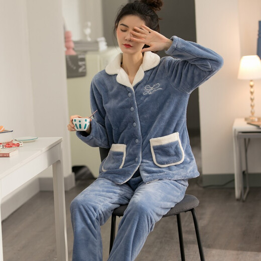 Yinsi rabbit pajamas for women spring, autumn and winter thickened warm long-sleeved large size flannel lapel can be worn outside home clothes set 8007 Tianlan L size-165 (recommended 100-120 Jin [Jin equals 0.5 kg])