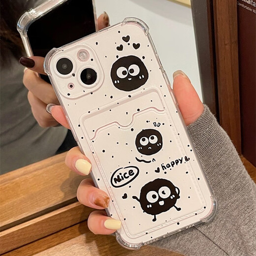 麦巴盾可爱卡通黑色泼墨煤球iphone15手机壳适用苹果14promax卡包卡套插卡13pro手提挂绳链条全包防摔女 壳+煤球挂绳 iphone15