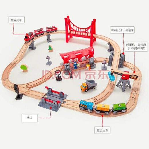Hape德国hape火车轨道玩具儿童火车木质积木拼插轨道套装儿童节礼物 火车轨道多功能套E3730