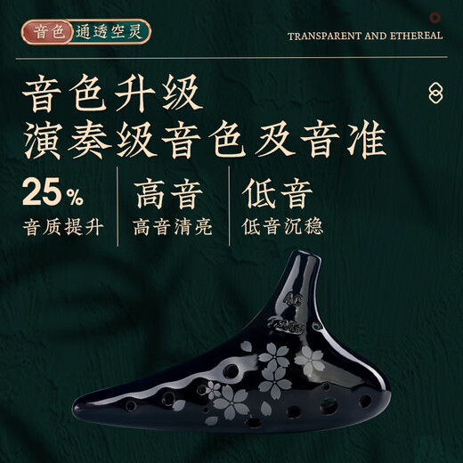 TNG 陶笛12孔中音专业陶笛十二孔熏烧黑陶初学乐器配陶笛教材 磨砂黑AC中音C