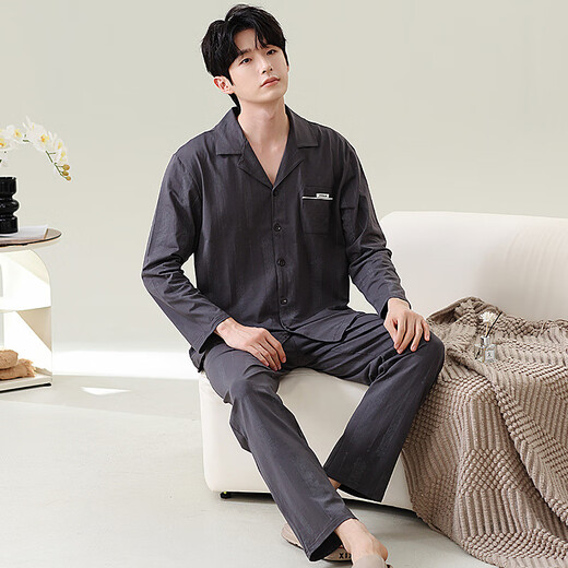 Modal Pyjamas Männer 100% reine Baumwollfeder und Herbst langärmelte Strickjacke Lose Lose große einfache lässige Herrenkleidung für Männer 06m3882 xl