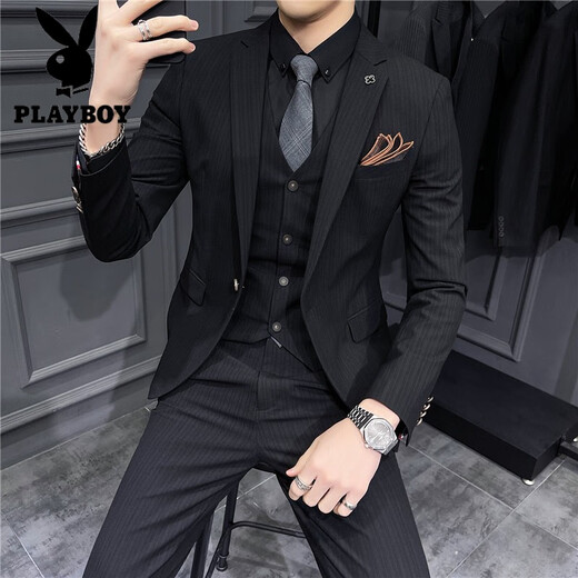 花花公子（PLAYBOY）西服男士套装潮流韩版修身英伦新郎结婚礼服商务职业正装休闲西装 深灰色纹理9905【西服+西裤+马甲 S 4690斤穿