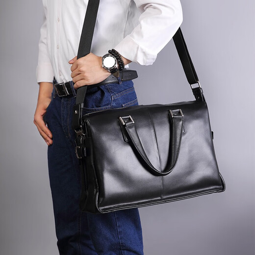 Aoyi men's handbag genuine leather business briefcase first-layer cowhide men's bag fashionable large capacity 15.6-inch computer bag first-layer cowhide black model length 40 height 28 thickness 14 cm