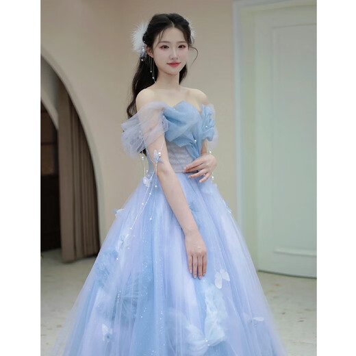 Blue banquet evening dress for women 2024 new high-end fugitive princess toasting dress fairy light luxury annual party dress blue long 4XL non-refundable and non-exchangeable