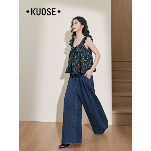 Wide color (kuose) small flying sleeves black floral babydoll shirt for women 2024 spring and summer new square neck camisole top black S