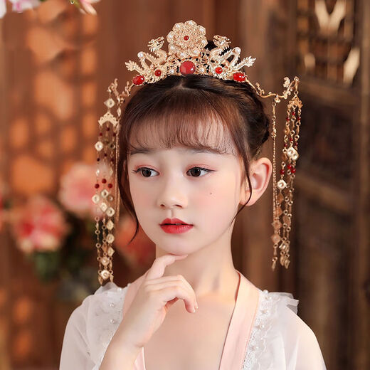 Meng Junchen children's Hanfu hair crown and headdress, ancient Tang style and Ming Dynasty tassels, ancient style fairy hair accessories, girls' performance costume accessories X-T26 red phoenix crown