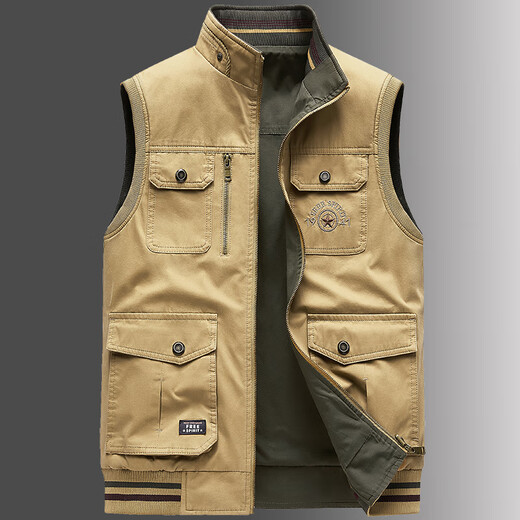 卡思威仪春秋新款双面穿马甲男工装多口袋男士宽松大码纯棉立领无袖外套男 米白色/反面卡其色 XL 【建议140斤体重左右】