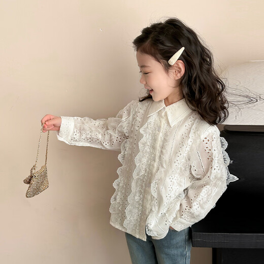 Tutu Little Elephant Girls White Shirt 2026 Spring New French Gentle Lace Shirt Sweet and Versatile Children's Tops Children's Clothes Off-White 130 Height About 130cm