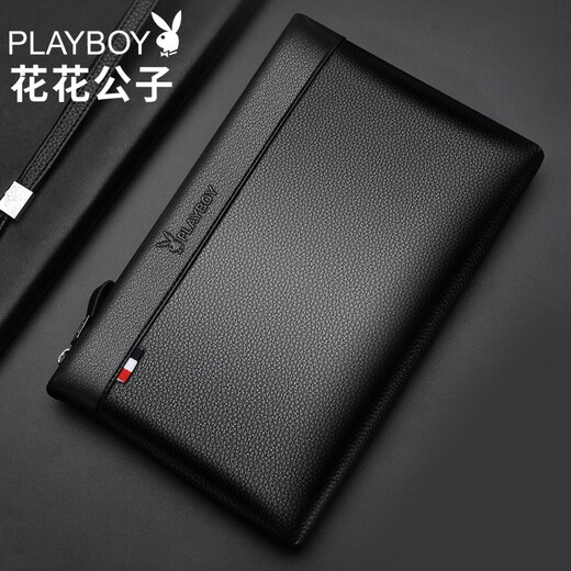 花花公子（PLAYBOY）头层牛皮男士手包真皮大容量手拿包拉链钱包商务休闲信封包手抓包 时尚大容量黑色【手腕带】