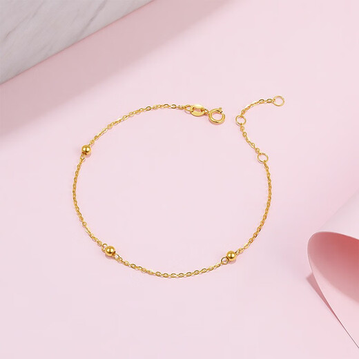 Saturday Fortune (ZLF) yellow 18K gold bracelet, round beads, women's color gold bracelet, small gold beads, holiday gift for girlfriend, about 0.8-1g, 16cm + tail chain 3cm