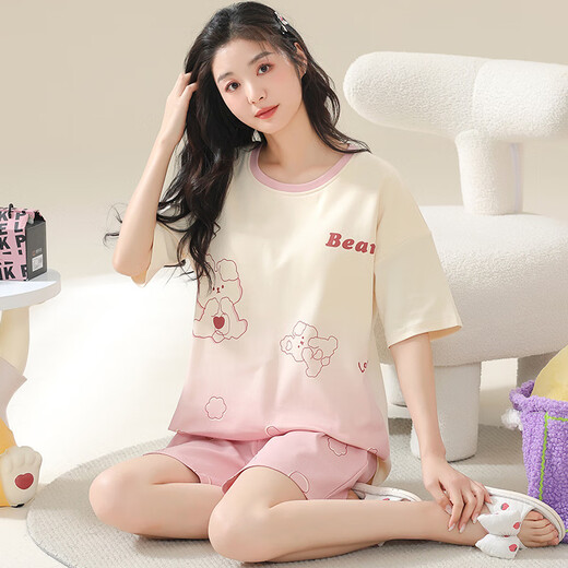 美筠特大码睡衣女士夏季纯棉短袖加肥加大码胖MM200斤家居服夏天套装 KNC3519 5XL