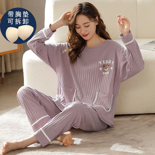 Commander Xiong's pajamas with bra, long-sleeved autumn and winter new style pajamas with breast pads for women in spring and autumn, long-sleeved trousers plus large breast pads 6913 10XL m80-100Jin [Jin equals 0.5 kg]