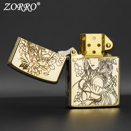 ZORRO佐罗打火机煤油防风原铜艺姑娘铜机五面精雕创意送男朋友礼物父亲 902原铜艺姑娘升级官字标内胆