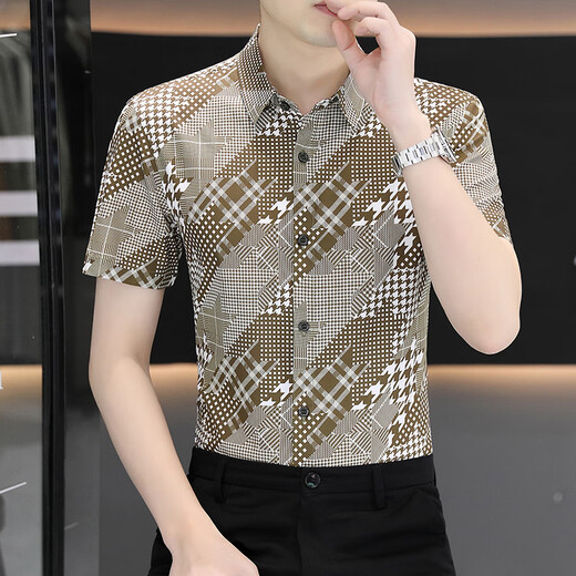 
NuoMao high-end elastic ice silk men's shirt short-sleeved, non-iron breathable ice-sensing short-sleeved shirt men's business casual floral shirt 7031 dark brown XL (125-140Jin[Jin equals 0.5 kg])