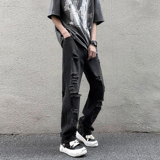 
Katuchi ripped jeans men's summer thin style American high street slim Korean version ins straight casual pants light blue XL [Suggested 125-140Jin [Jin equals 0.5 kg]]