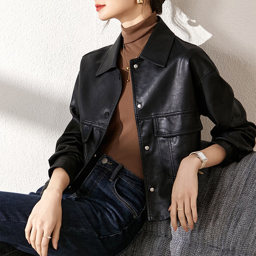 Shandubila is a smart and handsome classic versatile lapel pocket design motorcycle jacket women's leather jacket black L