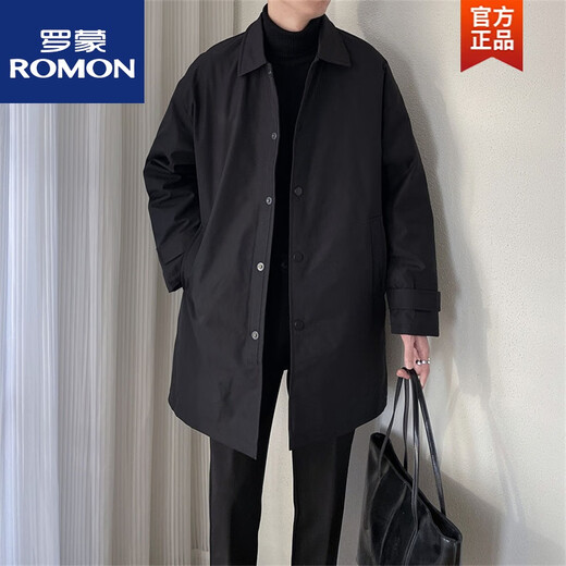 ROMON Spring and Autumn Korean Style Casual Loose Handsome Lapel Windbreaker Men's High-Quality Temperament Versatile Mid-Length Jacket. Black XL