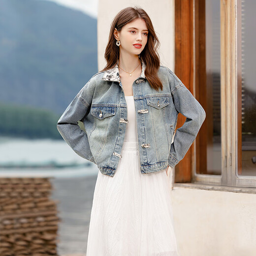 She Pool Denim Jacket 2025 Autumn New Women's Clothing Nuevo chino Estilo chino El lavado de hebilla de la solapa empalmada