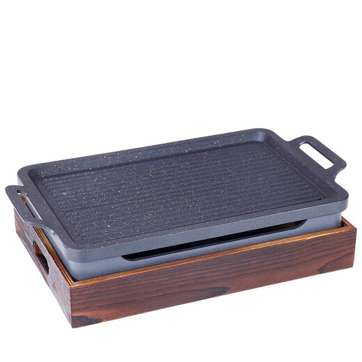 Commercial insulated lamb chop plate Japanese barbecue plate wooden seat rectangular grilled fish plate charcoal alcohol stove non-stick barbecue plate No. 5 rectangular lamb chop plate 27*19.5*1.7CM