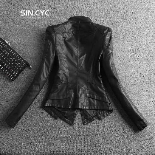 SIN.CYC designer brand slimming motorcycle leather jacket for women in autumn and winter new Korean style high-waisted versatile small coat long-sleeved short PU leather jacket petite short coat 6608 black XL size recommended weight 105-115Jin [Jin equals 0.5 kg]