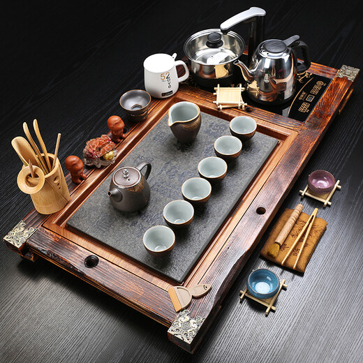 鸿冠 整套紫砂陶瓷功夫茶具套装茶盘自动电磁炉茶台茶海茶道家用办公 14款：火烧柏木+一往情深=698