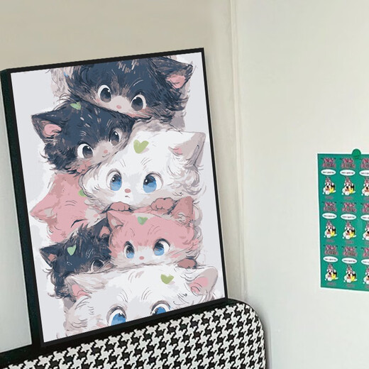 可爱猫咪数字油画diy填充涂色手工手绘系卡通丙烯油彩装饰画 qx12353 30*40cm加厚实木内框+装饰外框(