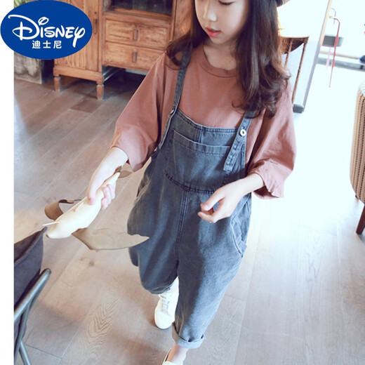 Disney brand girls' artistic overalls spring and summer 2024 new children's jeans medium and large children's loose nine-point pants blue 130cm recommended for 6-7 years old