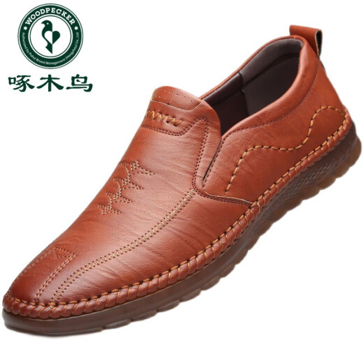 Woodpecker leather shoes for men 2024 new soft cowhide men's shoes business casual shoes tendon bottom bean shoes spring and summer hollow dad shoes khaki 518838