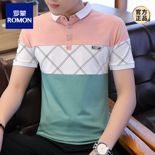 Romon Silk Silk Camiseta de manga corta Summer's Summer Style Corean Korean Lapel Polo. Camisa Ropa de solapa Camiseta de algodón de media manga para hombres 1301 Apricot M 90-105 Jin [Jin equivale a 0.5 kg]