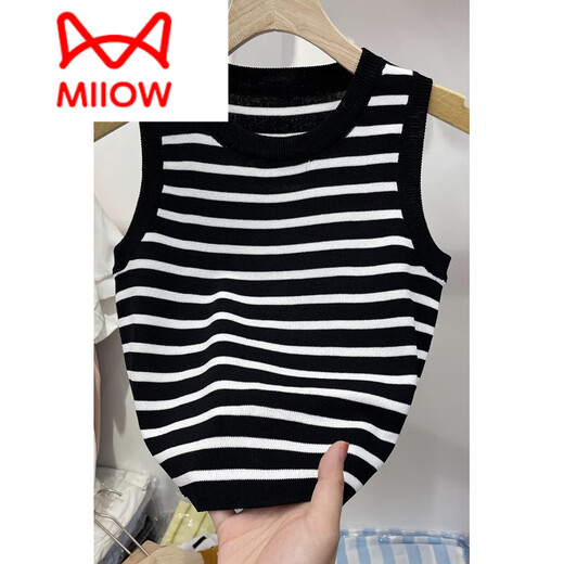 MiiOW Camisola a Rayas Ropa Exterior de Verano para Mujer Sin Mangas Top de Seda de Hielo de Lujo Ligero Camisa Corta de Punto de Primavera Blanco Talla única
