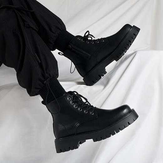 Yushang Zhenpin Martin Boots men's spring high-top British style casual leather shoes work shoes retro thick-soled short boots outdoor work boots black-41