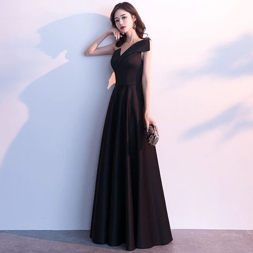 Hanyu evening dress for women 2024 new style can be worn at ordinary times black niche high-end banquet French sloping shoulder vocal music test performance black 2XL