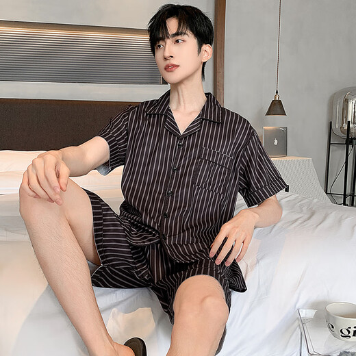 浪莎冰丝睡衣男士夏季短袖薄款仿真丝家居服男式中青年夏天丝绸套装 LQY6629 2XL 标准码176-180CM/150-175斤