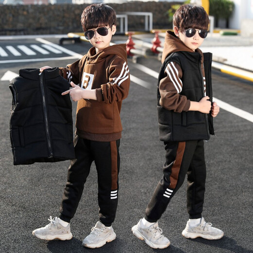 Taodimao children's clothing boys' suit three-piece autumn and winter clothing 2020 new thickened and warm children's David clothing medium and large children's clothing boys autumn and winter boys' coats and pants vest coffee color 150 (recommended height is about 140)
