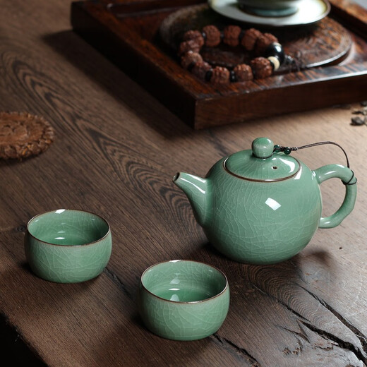 Lingqingfang celadon one pot, two cups, two cups with ball hole filter teapot teacup set ceramic complete set Ge Kiln office tea set Ge Kiln Meizi Qing