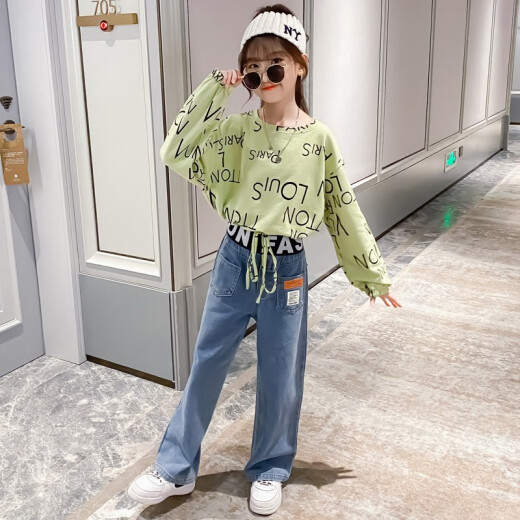 Children's Clothing Girls Suit Autumn Clothing 2020 New Fashion Casual Children's Suit Korean Style Sweater and Wide Leg Jeans Two-piece Set for Big Children Autumn Luai Kosa Little Girl Clothing Green Size 150 - Height Recommended 140cm