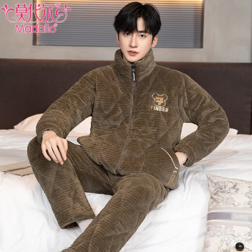 Modal winter coral velvet pajamas men's suit thickened flannel three-layer cotton jacket wearing middle-aged and young home clothes 9913 dark gray L weight (90-120Jin [Jin equals 0.5 kg])